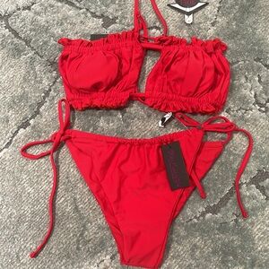 Hot Miami style RED RUCHED BUST FRILL PADDED BANDEAU BIKINI